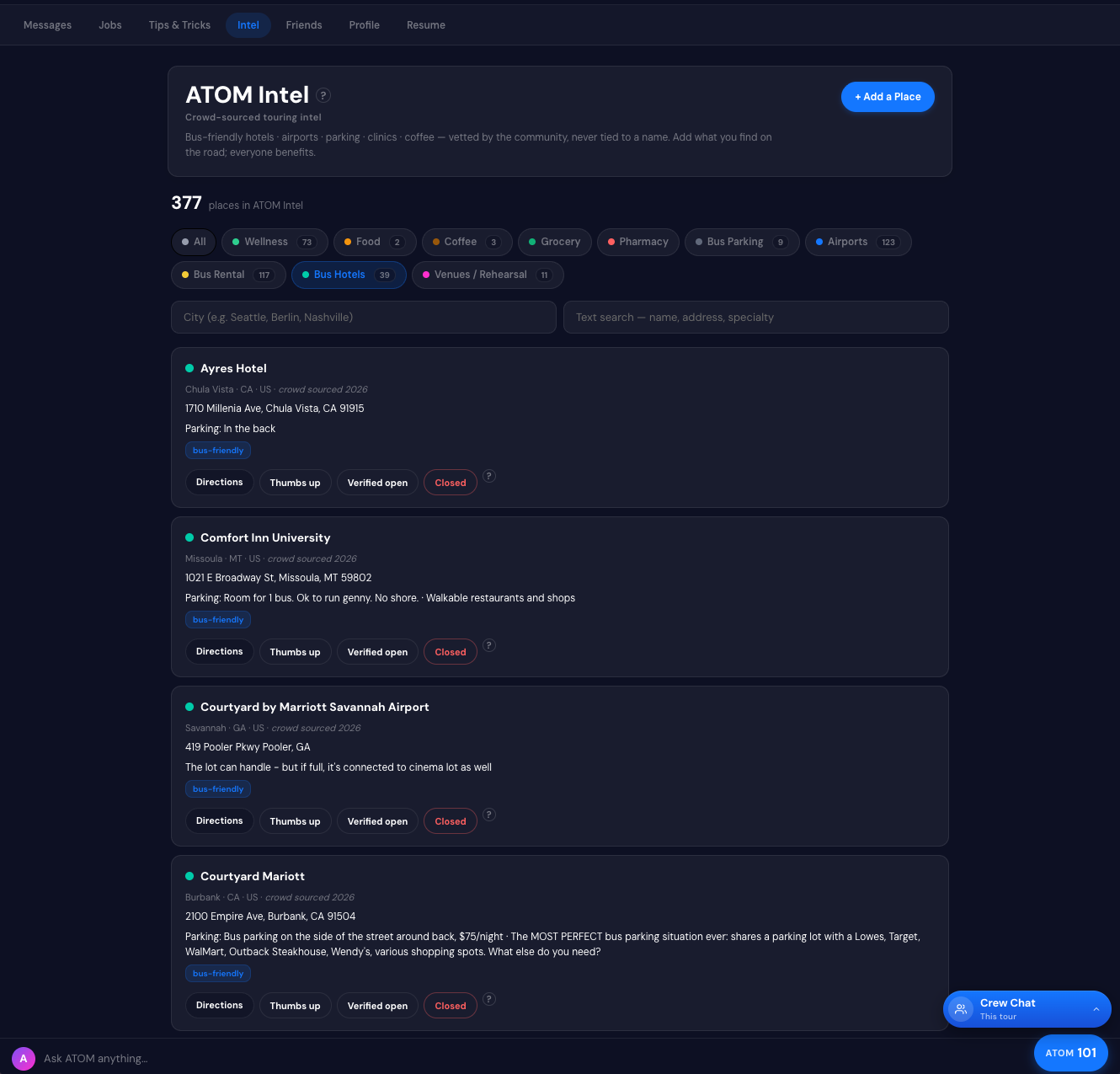 ATOM Intel — crowd-sourced touring intel: bus parking, hotels, airports, coffee, rehearsal venues, all vetted by the community